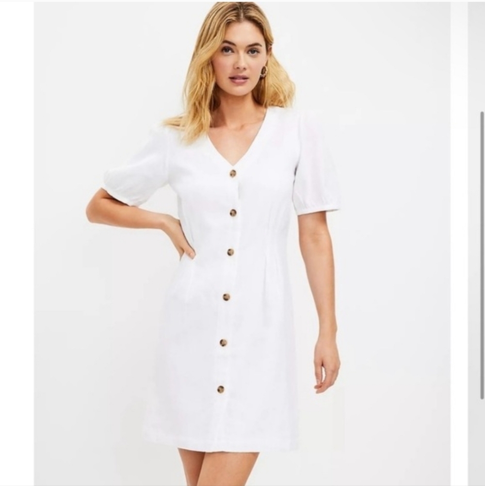 LOFT Linen White Button-Front Mini Dress